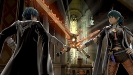 Byleth hombre y mujer en la Catedral del Monasterio de Garreg Mach.