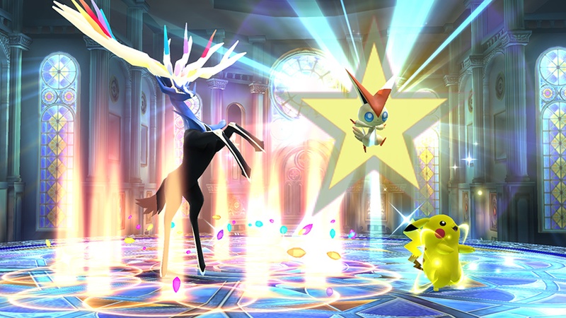 Archivo:Pikachu junto a Xerneas y Victini en la Liga Pokemon SSB4 (Wii U).jpg