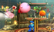 Peach, Kirby, Link y Mega Man en el Coliseo de Regna Ferox.