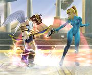 Samus Zero utilizando el Paralizador como su ataque Smash hacia abajo en Super Smash Bros. Brawl.