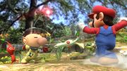 Olimar usando su Ataque Smash lateral contra Mario en el Vergel de la Esperanza.