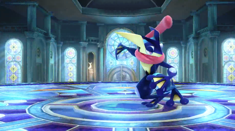 Archivo:Greninja en la entrada de la Liga Pokémon de Kalos SSB4 (Wii U).png