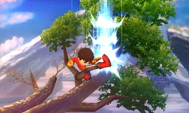 El Peleador Mii/Karateka Mii cayendo tras usar el ataque en Super Smash Bros. for Nintendo 3DS.