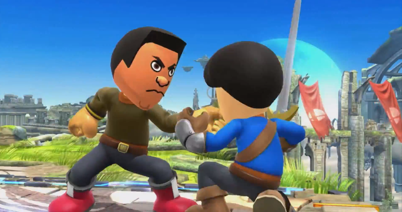 Archivo:Luchador Mii de Reggie luchando contra el Espadachin Mii de Iwata en el Campo de batalla SSB4 (Wii U).png