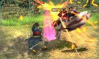 Lon'zu conectando un golpe crítico con la Espada asesina en Fire Emblem Awakening.