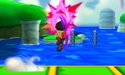 Peleador Mii/Karateka Mii usando el ataque totalmente cargado en Super Smash Bros. for Nintendo 3DS.