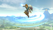 Link usando Ataque giratorio/Ataque circular en el aire en Super Smash Bros. Ultimate.