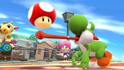 Yoshi a punto de tragar un Champiñón Gigante en Super Smash Bros. for Wii U.