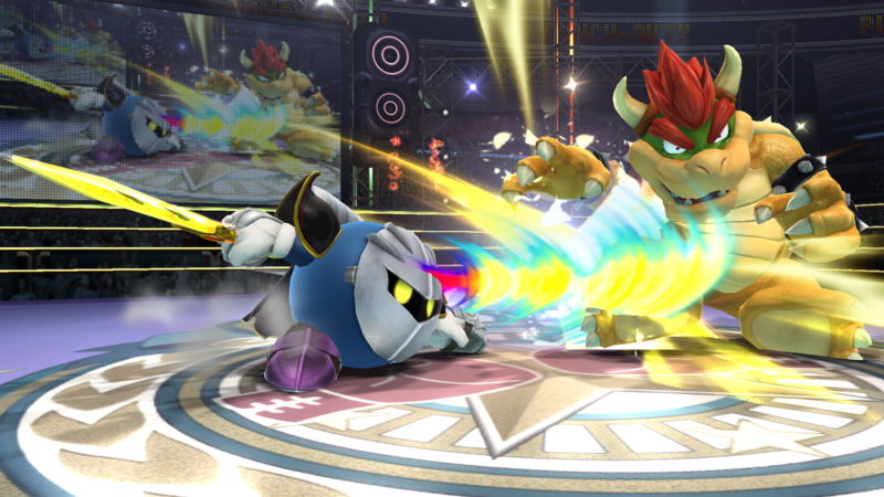 Archivo:Meta Knight atacando a Bowser en el Ring de Boxeo SSB4 (Wii U).png