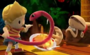 Lucas haciendo su burla al lado de Donkey Kong en Selva Kongo SSB4 (Wii U).png