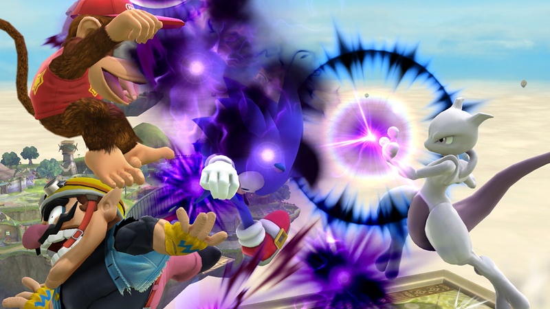 Archivo:Mewtwo, Sonic, Diddy Kong y Wario en Altárea SSB4 (Wii U).jpg