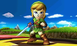 Un Espadachín Mii con las ropas de Link en Super Smash Bros. for Nintendo 3DS.