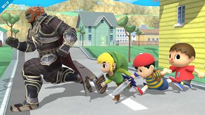 Ganondorf, Toon Link, Ness y el Aldeano en Onett SSB4 (Wii U).jpg
