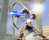 Pit usando su movimiento especial normal, Flecha de Palutena, en Super Smash Bros. Brawl.