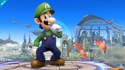 Luigi en el Campo de batalla haciendo su tercera pose de su Burla hacia arriba.