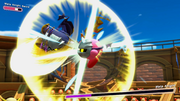 Meta Knight usando Calibur ascendente en Kirby y la tierra olvidada.
