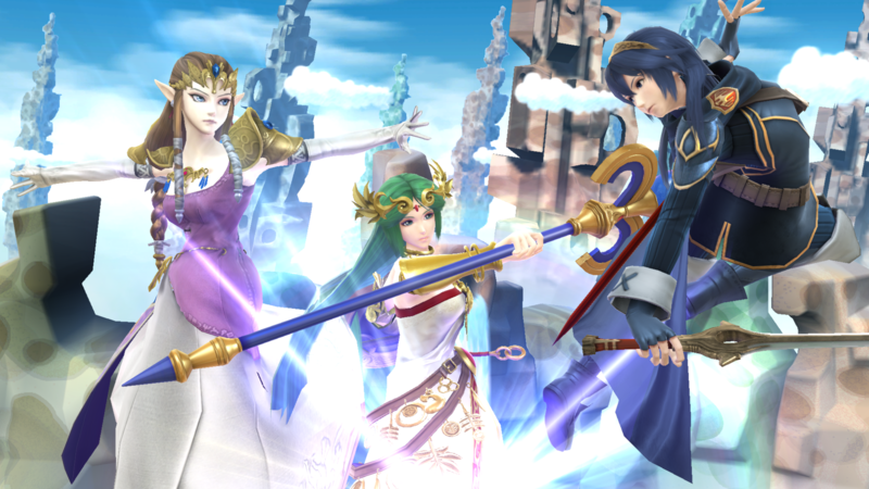 Archivo:Zelda, Palutena y Lucina en el Reino Champiñón U SSB4 (Wii U).png