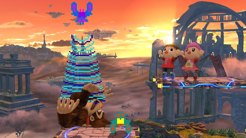 Archivo:Donkey Kong siendo agarrado por el Jefe Galaga SSB4 (Wii U).jpg