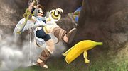 Pit resbalándose por la en su camino en Cáscara de plátano/Monda de plátano Super Smash Bros. for Wii U.
