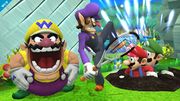 Waluigi junto a Wario atacando a Mario y a Luigi en Reino Champiñón U.