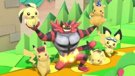Incineroar en el escenario, junto a varios Pikachu y Pichu.