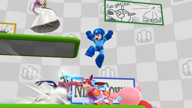 Archivo:Zelda, Kirby, Megaman y Greninja en el escenario Miiverse SSB4 (Wii U).jpg
