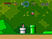 Mario junto a una Planta Piraña Saltarina en el nivel Isla de Yoshi 2 de Super Mario World.