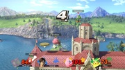 Yoshi, Kirby, y Pikachu peleando en el escenario en Super Smash Bros. Ultimate.