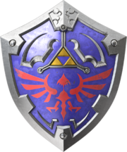 Art oficial del Escudo Hyliano en The Legend of Zelda: Twilight Princess, que es el que Link utiliza en Super Smash Bros. Brawl y en Super Smash Bros. para Nintendo 3DS y Wii U.