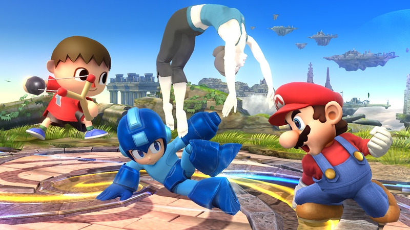 Archivo:La Entrenadora de Wii Fit junto al Aldeano, Mega Man y Mario SSB4 (Wii U).jpg