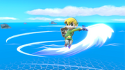 Toon Link usando Ataque giratorio/Ataque circular en el aire en Super Smash Bros. Ultimate.