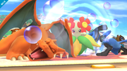 Bellossom durmiendo a Charizard y Lucario en Super Smash Bros. for Wii U.