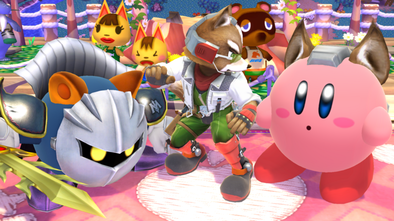 Archivo:Meta Knight junto a Fox y Kirby en Sobrevolando el pueblo SSB4 (Wii U).png