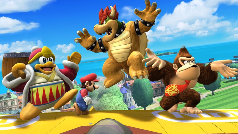 Archivo:Rey Dedede, Mario, Bowser y Donkey Kong en el escenario Isla de Pilotwings SSB4 (Wii U).jpg