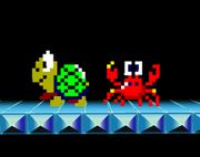 Una Tortuga y un Cangrejo en el escenario Mario Bros..