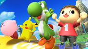 Kirby junto a Pikachu, Yoshi y Aldeano en Pilotwings.