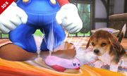 Mario aparentando aplastar a Kirby.