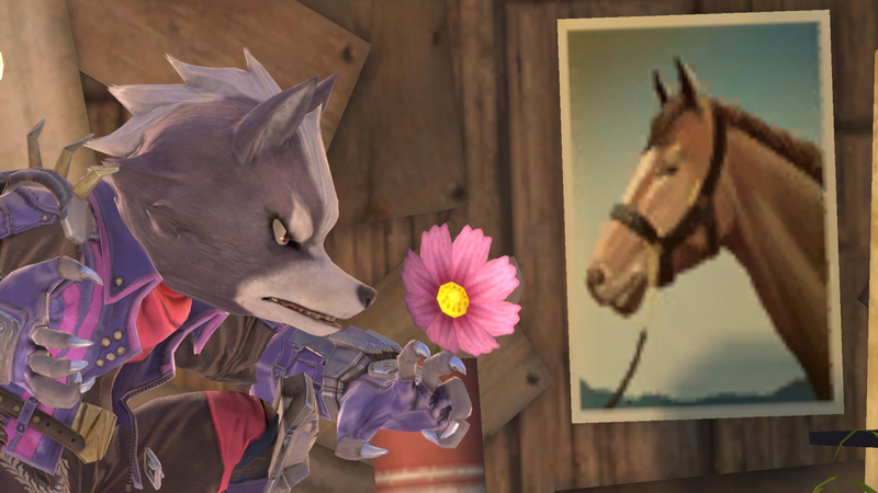 Archivo:Wolf con una flor junto a una foto de un caballo SSBU.png