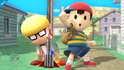 Ness junto a Jeff Andonuts en una parte del escenario en Super Smash Bros. for Wii U.