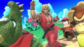 Ken, Donkey Kong, Diddy Kong y King K. Rool en Isla Tórtimer.