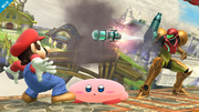 Samus usando su ataque especial lateral, Misil, contra Mario y Kirby en Altárea.