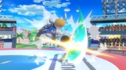 Golpeando a un enemigo con el Asalto aéreo en Super Smash Bros. Ultimate.