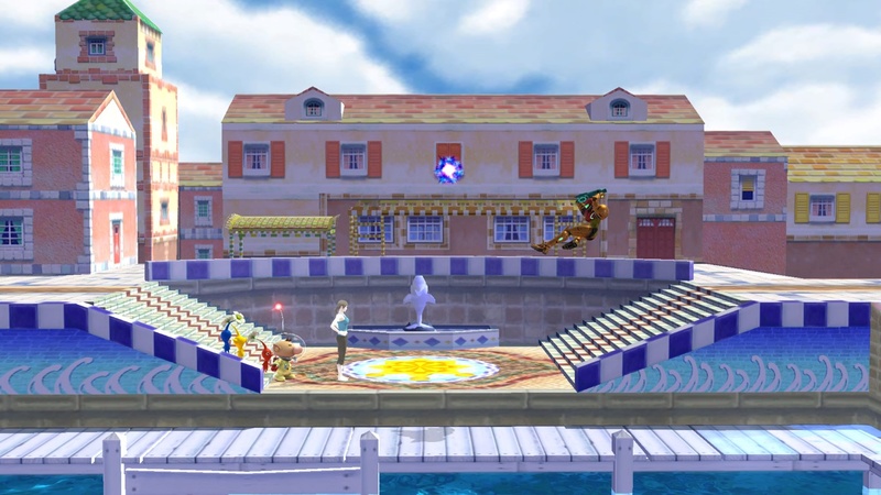 Archivo:Samus, Olimar y la Entrenadora de Wii Fit en Ciudad Delfino SSB4 (Wii U).jpg