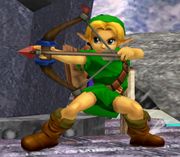 Young Link cargando la Flecha de fuego en Super Smash Bros. Melee.