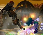 Ganondorf usando Salto oscuro contra Luigi en Super Smash Bros. Melee.