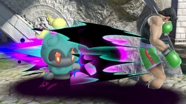 Marshadow atacando a Little Mac en Templo. Nótese que esto no es posible en la versión final del juego.