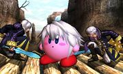 Robin/Daraen hombre y mujer junto a Kirby con su habilidad copiada.