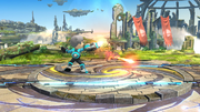 Tirador Mii lanzando una llama con el ataque en Super Smash Bros. for Wii U.