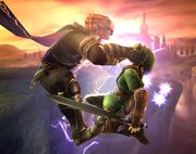 Ganondorf aplicándole una descarga eléctrica a Link.