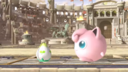 Jigglypuff junto a un campo curativo inactivo en Super Smash Bros. Ultimate.